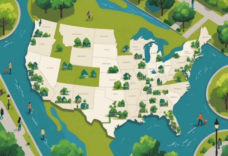 A map of the United States highlighting states with walkable suburbs, showing neighborhoods with houses, sidewalks, parks, and people walking and biking.