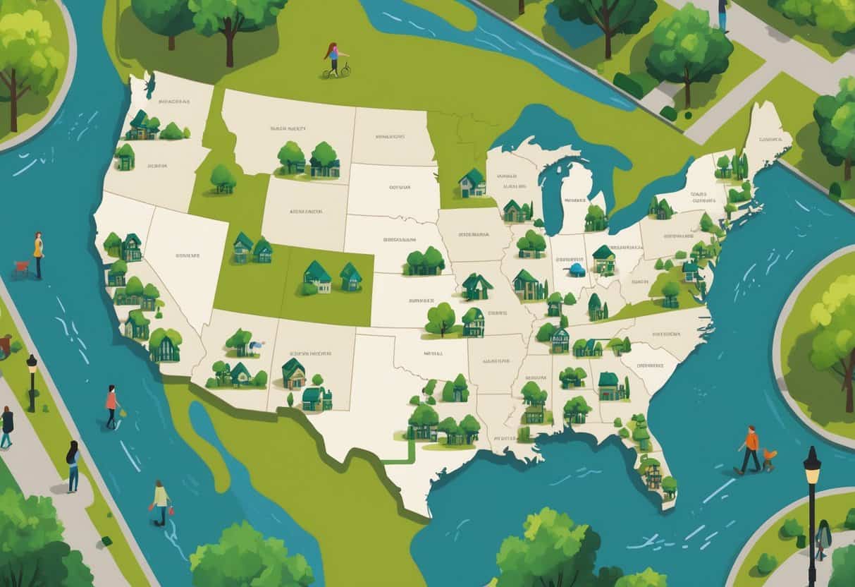 A map of the United States highlighting states with walkable suburbs, showing neighborhoods with houses, sidewalks, parks, and people walking and biking.