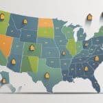 A map of the United States showing several states highlighted to indicate flexible zoning laws for tiny homes, with small icons of tiny homes near those states.