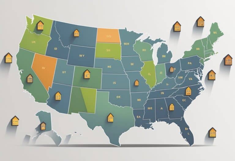 A map of the United States showing several states highlighted to indicate flexible zoning laws for tiny homes, with small icons of tiny homes near those states.