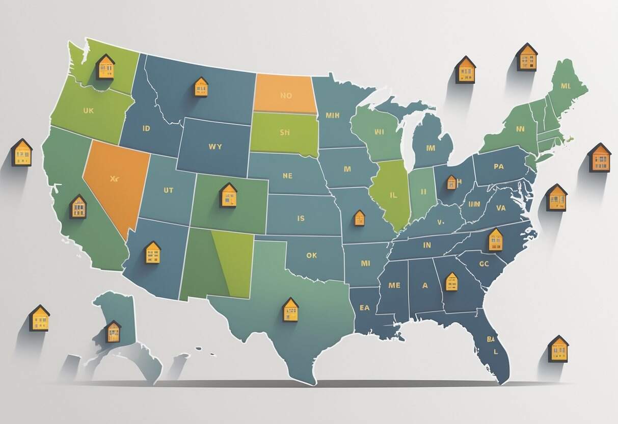 A map of the United States showing several states highlighted to indicate flexible zoning laws for tiny homes, with small icons of tiny homes near those states.