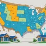 Map of the United States highlighting several states with illustrations of modern modular homes around the map.