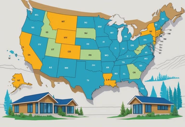 Map of the United States highlighting several states with illustrations of modern modular homes around the map.