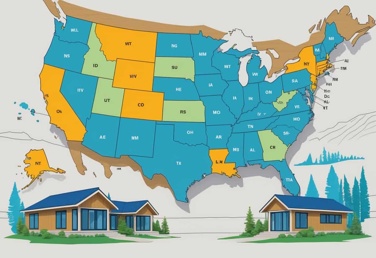 Map of the United States highlighting several states with illustrations of modern modular homes around the map.