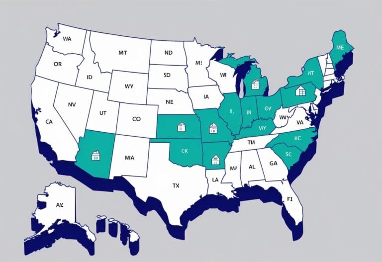 A map of the United States with several states highlighted in color and icons of houses and magnifying glasses placed on them to show easy access to property records.