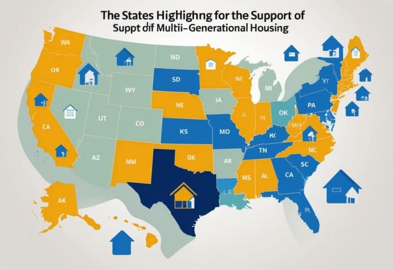 Map of the United States highlighting states that support multi-generational housing, with icons showing families of different generations together.