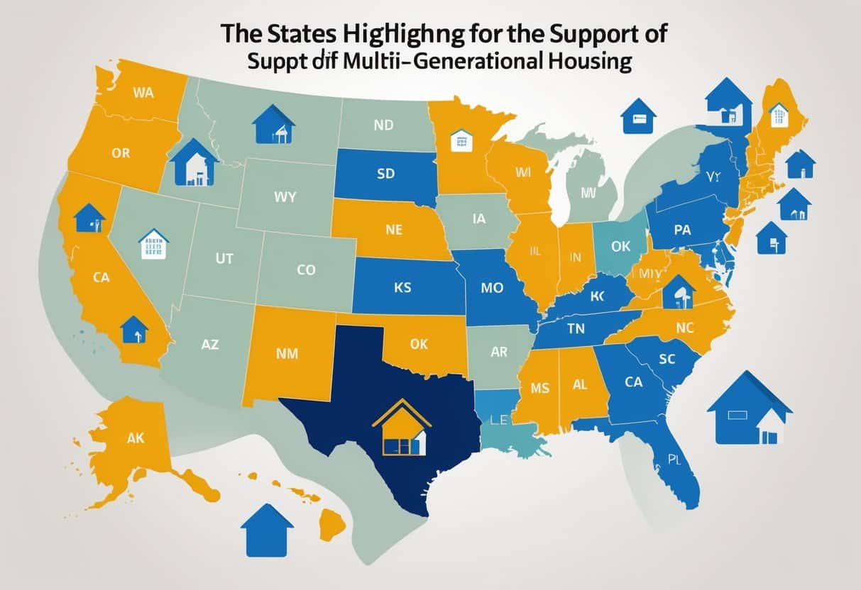Map of the United States highlighting states that support multi-generational housing, with icons showing families of different generations together.