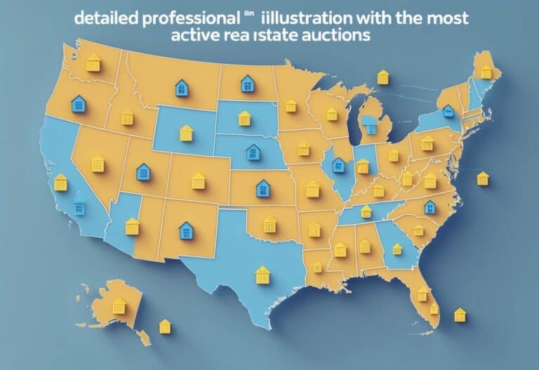 Map of the United States with several states highlighted and small house and auction gavel icons indicating areas with active real estate auctions.
