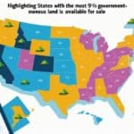 A map of the United States with several states highlighted to show where government-owned surplus land is available for sale, accompanied by icons representing land and documents around the map.
