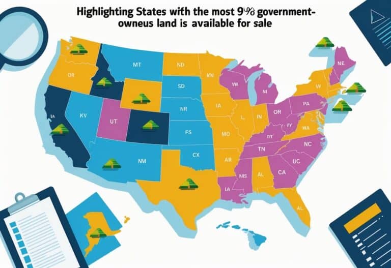 A map of the United States with several states highlighted to show where government-owned surplus land is available for sale, accompanied by icons representing land and documents around the map.