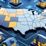 Map of the United States highlighting several states with 3D-printed futuristic houses and construction technology around it.