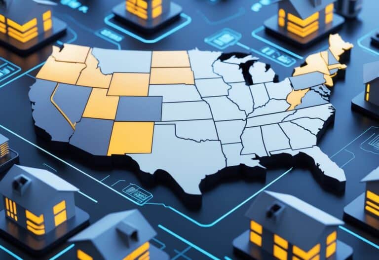 Map of the United States highlighting several states with 3D-printed futuristic houses and construction technology around it.