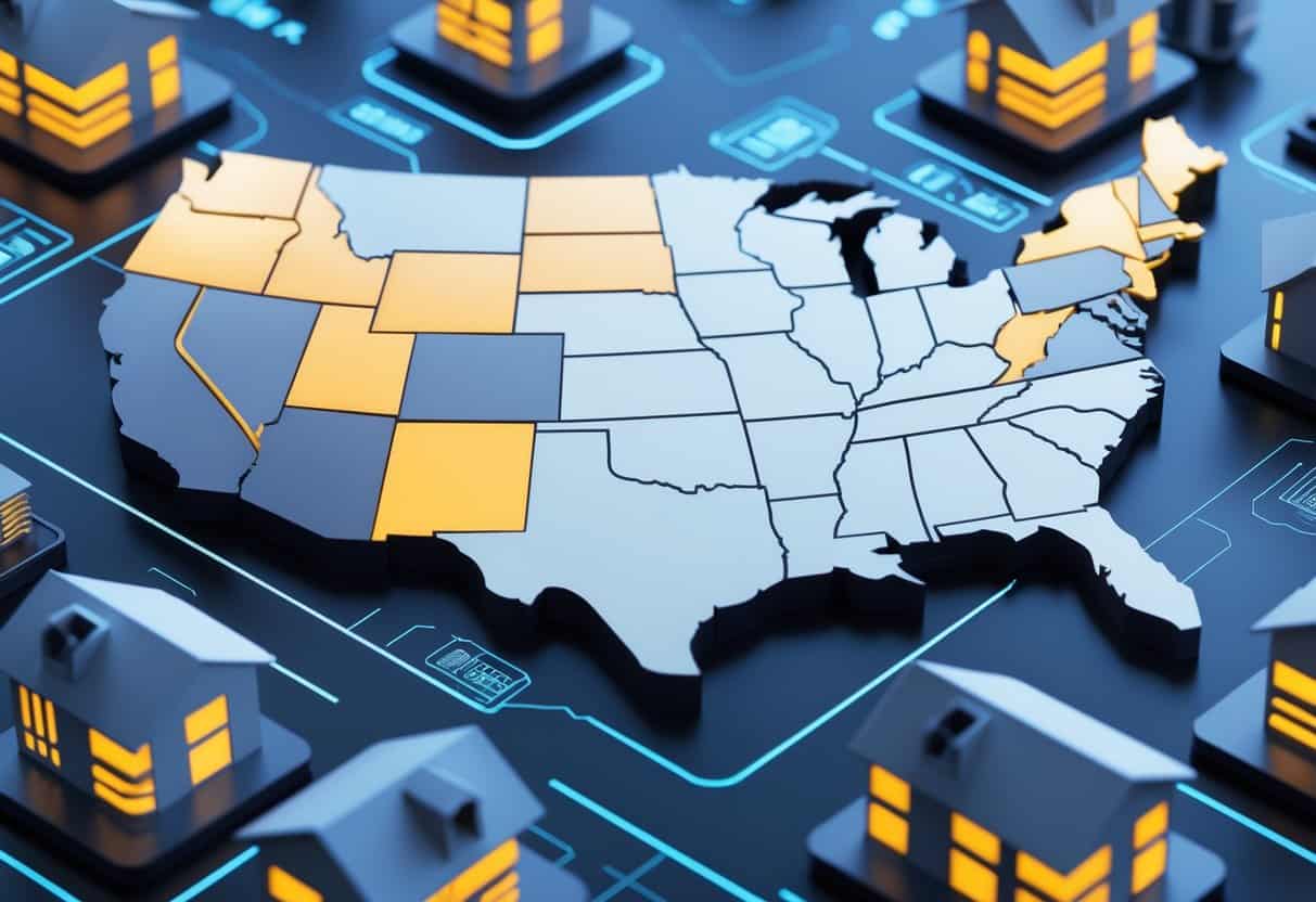 Map of the United States highlighting several states with 3D-printed futuristic houses and construction technology around it.