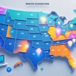 A colorful map of the United States highlighting states with the fastest internet, surrounded by icons representing remote work such as laptops and Wi-Fi signals.