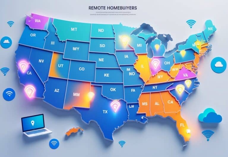 A colorful map of the United States highlighting states with the fastest internet, surrounded by icons representing remote work such as laptops and Wi-Fi signals.