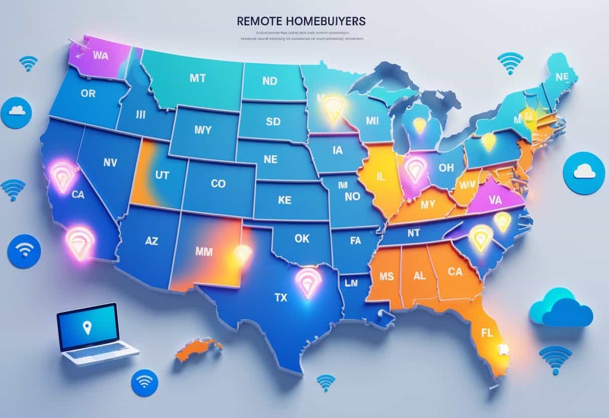A colorful map of the United States highlighting states with the fastest internet, surrounded by icons representing remote work such as laptops and Wi-Fi signals.