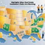 A map of the United States with several states highlighted, showing groups of people discussing real estate near icons of houses and buildings.