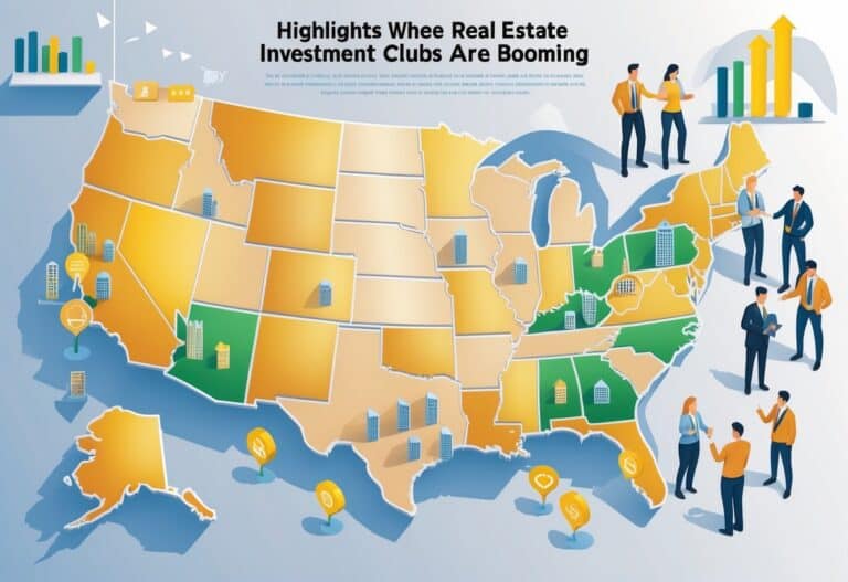 A map of the United States with several states highlighted, showing groups of people discussing real estate near icons of houses and buildings.
