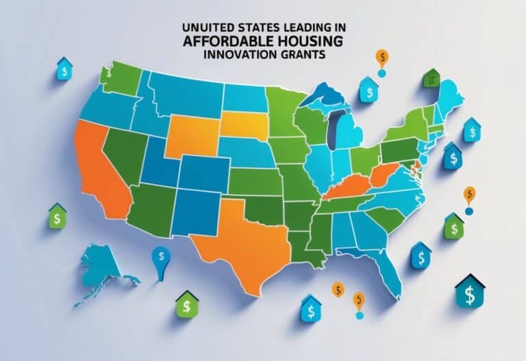 A map of the United States with several states highlighted, surrounded by icons of houses, keys, and dollar signs representing affordable housing innovation grants.