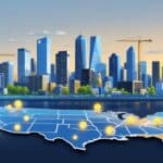 A detailed cityscape with multiple U.S. city skylines, residential areas, construction cranes, and a faint map of the United States with highlighted locations.