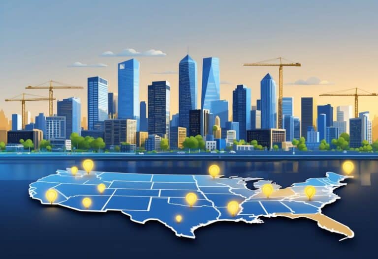 A detailed cityscape with multiple U.S. city skylines, residential areas, construction cranes, and a faint map of the United States with highlighted locations.