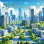 A cityscape with modern apartment buildings, construction cranes, and new homes showing rapid urban growth and development.