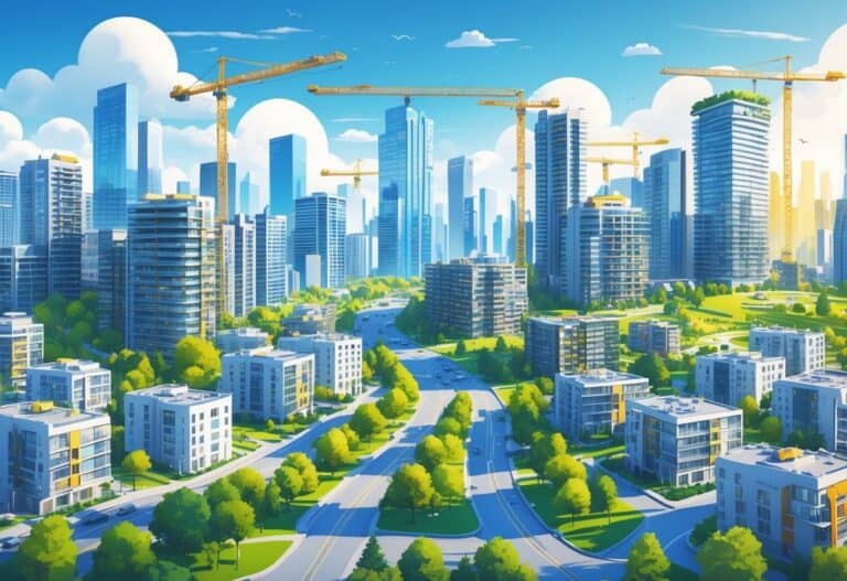 A cityscape with modern apartment buildings, construction cranes, and new homes showing rapid urban growth and development.
