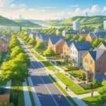 A vibrant city scene with modern homes, green parks, and people enjoying outdoor activities in a clean and safe neighborhood.