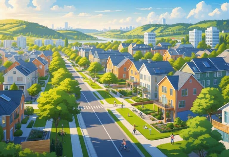 A vibrant city scene with modern homes, green parks, and people enjoying outdoor activities in a clean and safe neighborhood.