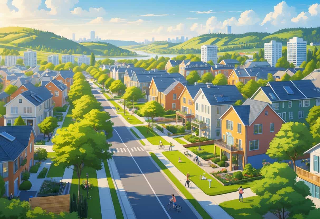 A vibrant city scene with modern homes, green parks, and people enjoying outdoor activities in a clean and safe neighborhood.