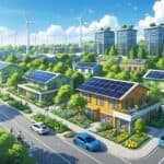 A city neighborhood with eco-friendly homes, solar panels, wind turbines, community gardens, electric cars, and people planting trees under clear skies.