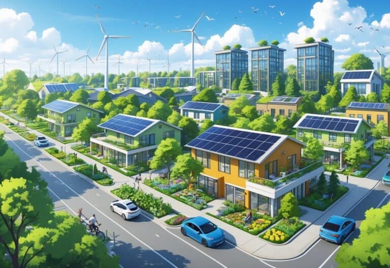 A city neighborhood with eco-friendly homes, solar panels, wind turbines, community gardens, electric cars, and people planting trees under clear skies.