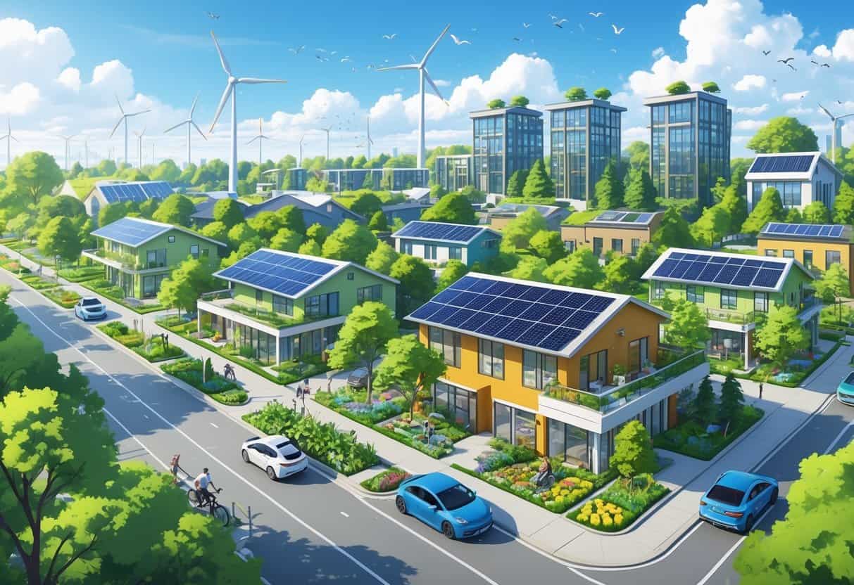 A city neighborhood with eco-friendly homes, solar panels, wind turbines, community gardens, electric cars, and people planting trees under clear skies.