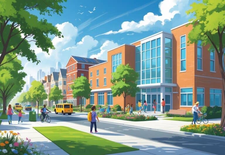 A city neighborhood with families, children playing near a school, green parks, and tree-lined streets on a sunny day.