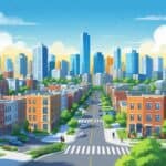 A cityscape showing various types of residential buildings including apartments, townhouses, and houses with people walking and trees lining the streets.