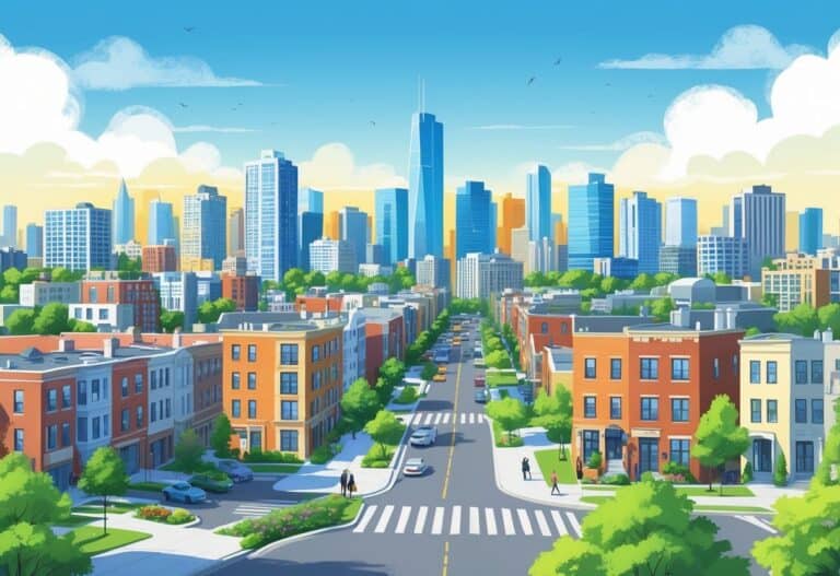 A cityscape showing various types of residential buildings including apartments, townhouses, and houses with people walking and trees lining the streets.