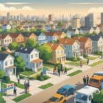 A city scene showing various homes and apartment buildings, some appearing for sale, with people discussing housing options in the foreground.