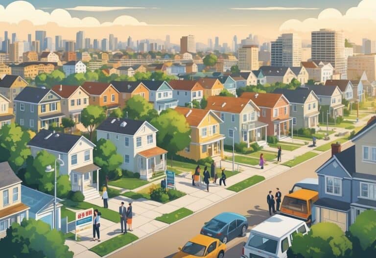 A city scene showing various homes and apartment buildings, some appearing for sale, with people discussing housing options in the foreground.