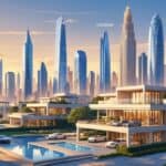 A cityscape showing luxury real estate buildings with modern mansions, skyscrapers, greenery, and luxury cars, representing top cities for high-end property deals.