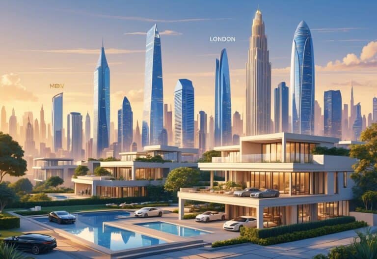 A cityscape showing luxury real estate buildings with modern mansions, skyscrapers, greenery, and luxury cars, representing top cities for high-end property deals.