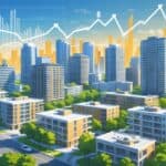 A city skyline showing various apartment buildings and green spaces, representing urban multi-family housing investment opportunities.
