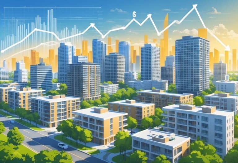 A city skyline showing various apartment buildings and green spaces, representing urban multi-family housing investment opportunities.