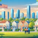 A cityscape with tall buildings, houses with 'For Sale' signs, people looking at homes, and an American flag in the background.