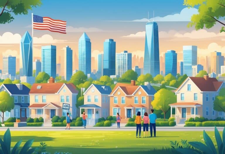 A cityscape with tall buildings, houses with 'For Sale' signs, people looking at homes, and an American flag in the background.