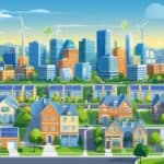 A cityscape featuring diverse buildings with solar panels, wind turbines, and green spaces representing low utility costs.