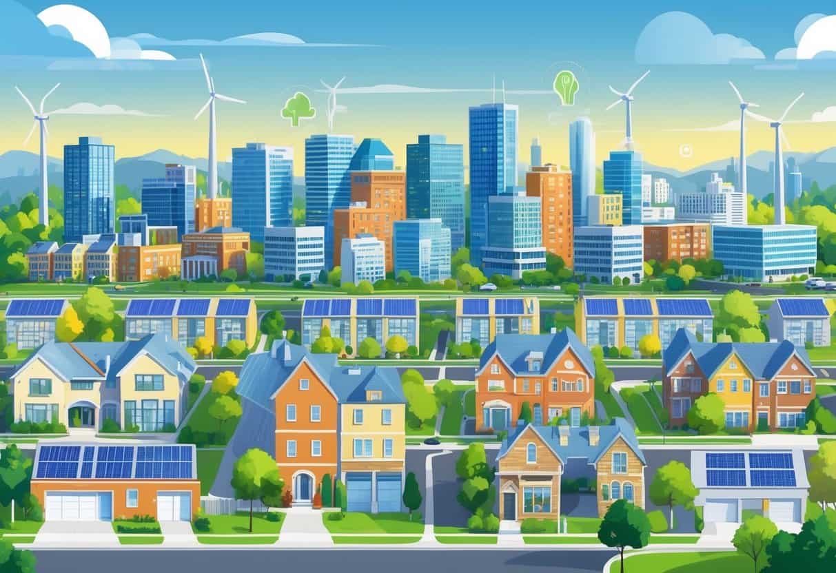 A cityscape featuring diverse buildings with solar panels, wind turbines, and green spaces representing low utility costs.