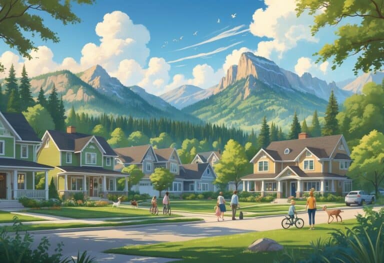 A peaceful neighborhood with houses near mountains and forests, showing people enjoying outdoor activities and wildlife nearby.