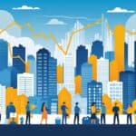 A city skyline with people looking at housing options and visual elements showing financial challenges related to high rent compared to income.