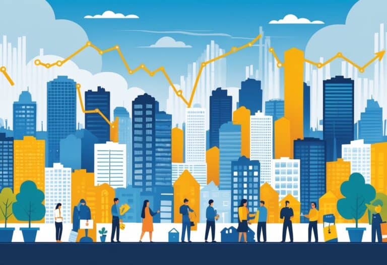 A city skyline with people looking at housing options and visual elements showing financial challenges related to high rent compared to income.