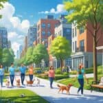 A lively city neighborhood with people walking dogs and spending time with pets in parks and on sidewalks.